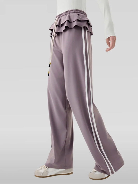 Autumn Women's Straight Wide Leg Pants Casual Loose Sports Trousers Ballet Style Lotus Leaf Hem Side stripes Gym Lounge Pants