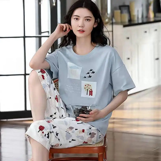 Summer Ladies Pajamas Loungewear Set Women's Summer Short Sleeve Cropped Pants Loungewear Thin Korean Casual Two-Piece Set