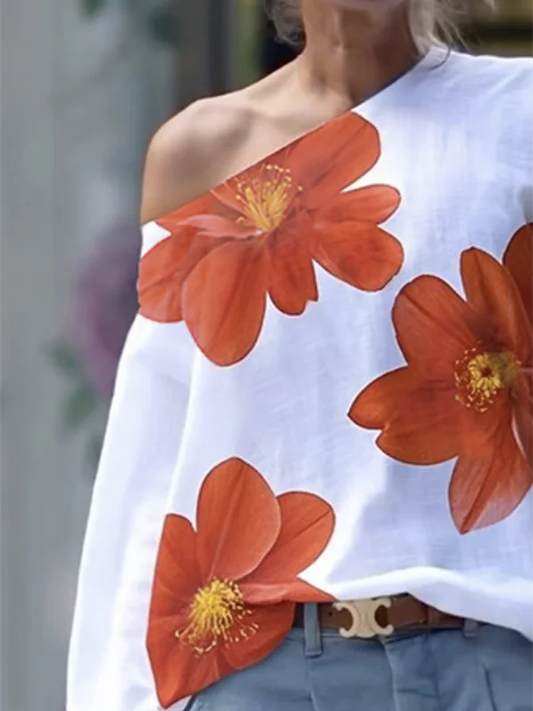Krisstargirl 2025 Summer Flower Print Tops for Woman Elegant One-shoulder Long Sleeves Loose Tee T-Shirts for Women Clothes