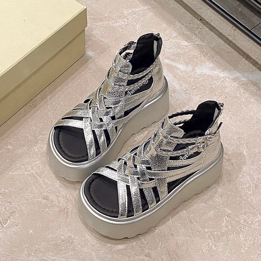 2025 Designers Women Summer Leather Sandals Open Toe 8CM Platform Wedge Sneakers Women Casual Shoes Beach Sandálias Das Mulheres