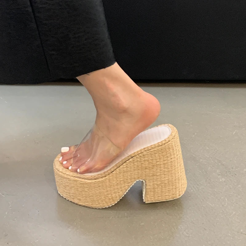 12cm Chunky Heeled Slippers 6cm Platform Block Heels Sandals Women Beach Shoes Summer Clear Sandals 2024 Sapatos De Mujer