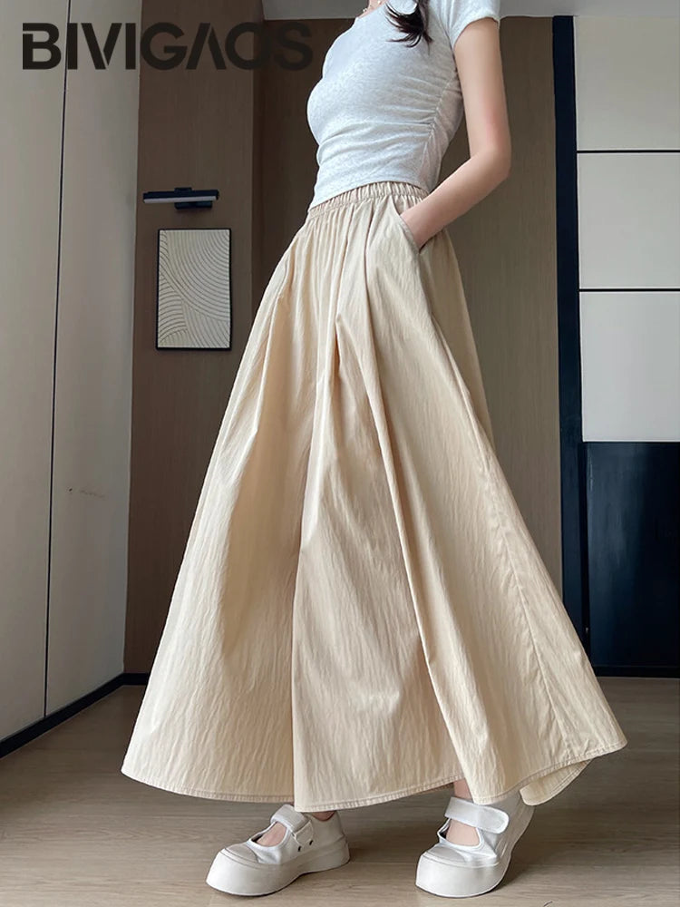 BIVIGAOS Spring Summer A-Line High Waist Pants Skirt Women Trend Fashion Japanese Culottes Casual Loose Ice Silk Wide Leg Pants