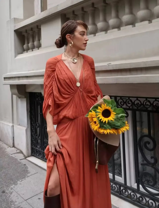 Bohemia Elegant Pleated Loose Party Dress Women V Neck Short Sleeve Long Dress with Lining Female Summer Holiday Beach Dress