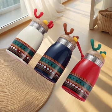Portable Handle Cartoon Insulated Cup with Christmas Reindeer Design 304 Stainless Steel Suitable for Students