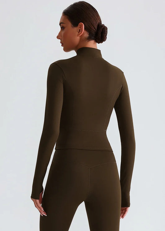 Solid Color Women Sport Jacket Long Sleeve Zip Gym High Neck Zipper With pocket Coat Fitness Top Comprehensive Training Sportwea