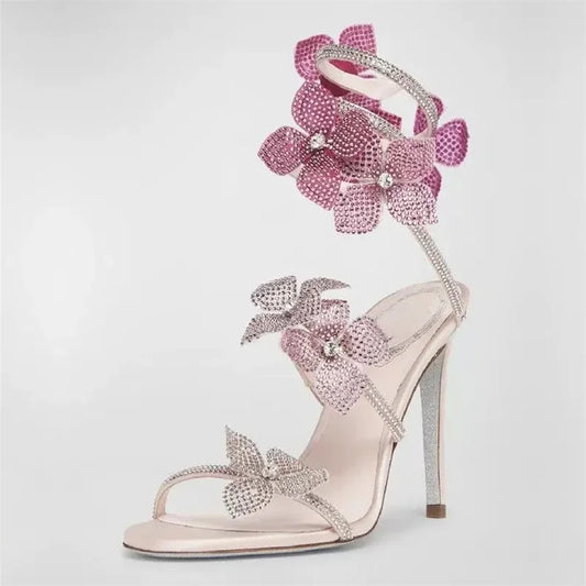 Eilyken Street Style CRYSTAL Flower Thin Heels Women Sandals Sexy Narrow Band Ankle Strap Ladies Shoes Zapatos De Mujer