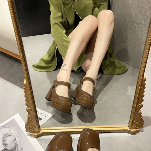 Lady Mary Jane Shoes 2024 New Square Toe Platform Women High Heels Big Size 35-44 Women's Chunky Heels Non-slip Pumps