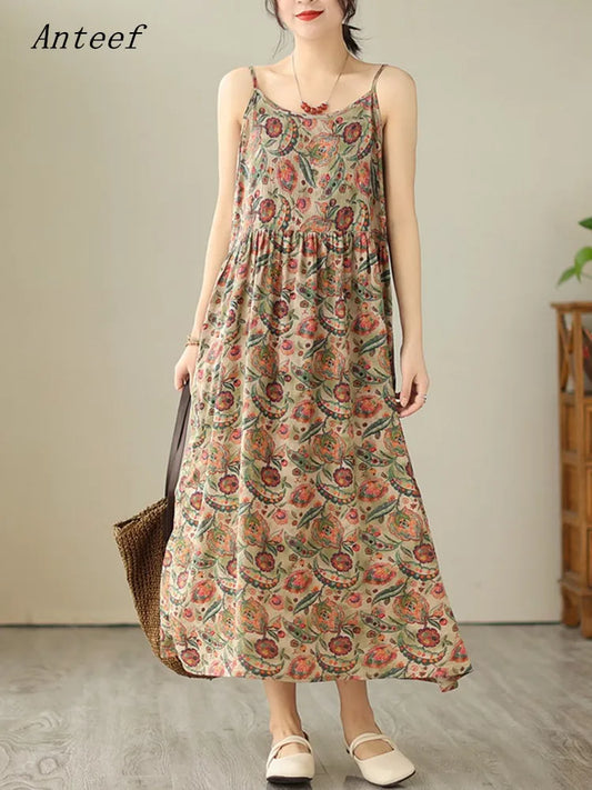 Anteef sleeveless strap cotton vintage floral new in dresses for women casual loose long summer dress elegant clothing 2025