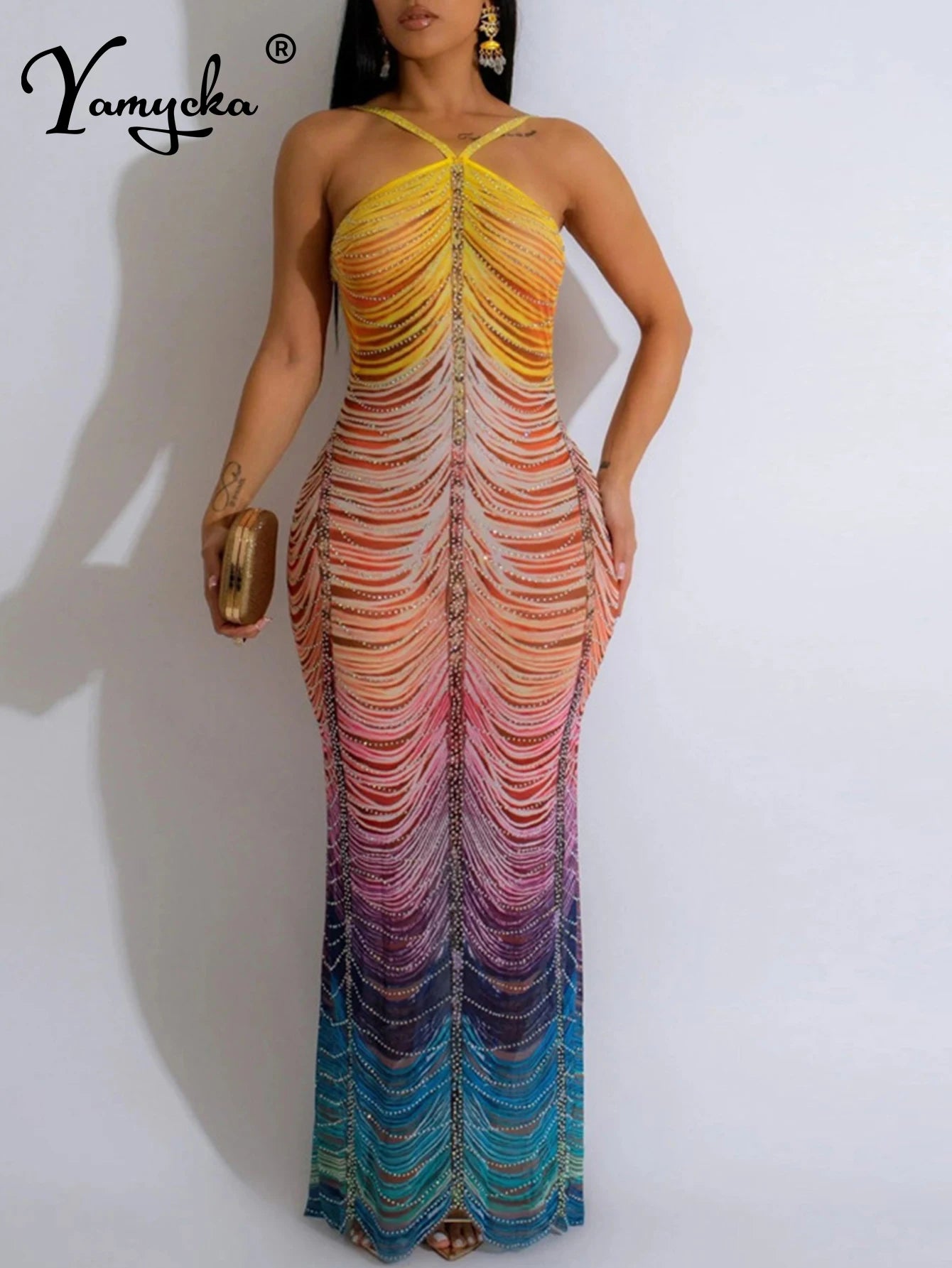 Sexy backless print maxi summer dress women elegant luxury rhinestones party long dresses bodycon club evening dress vestidos