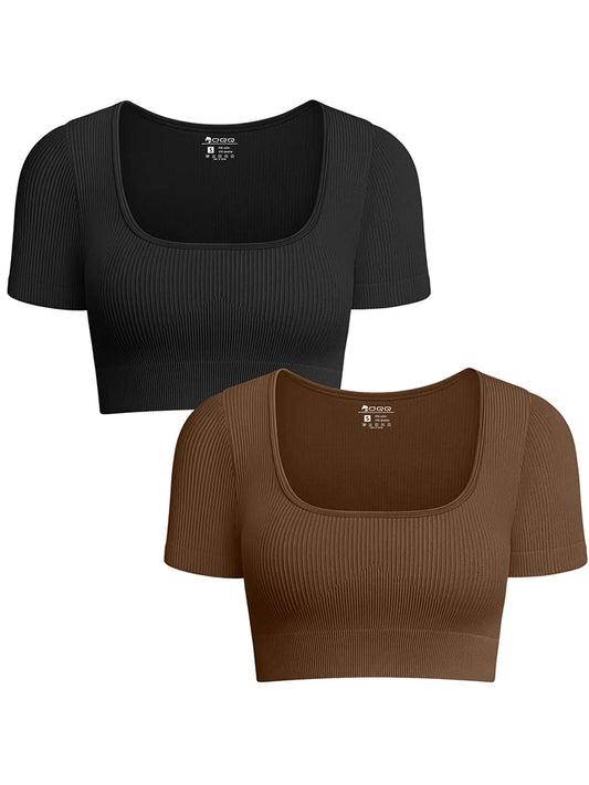 U-Neck Crop Top Solid Color High Waist Top Basic Sexy Gym Sport Fitness Running Top